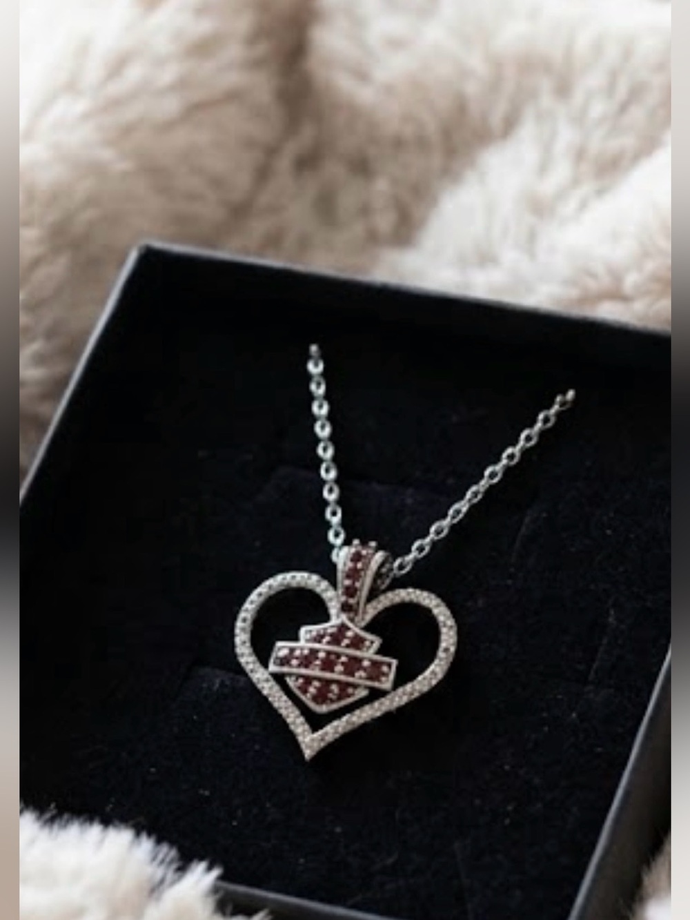 Harley Davidson 925 Sterling Silver Red Crystal Bar & Shield Heart Necklace